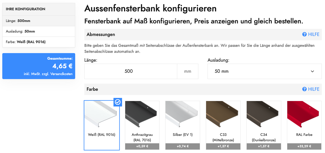 Fensterbank außen Konfigurator