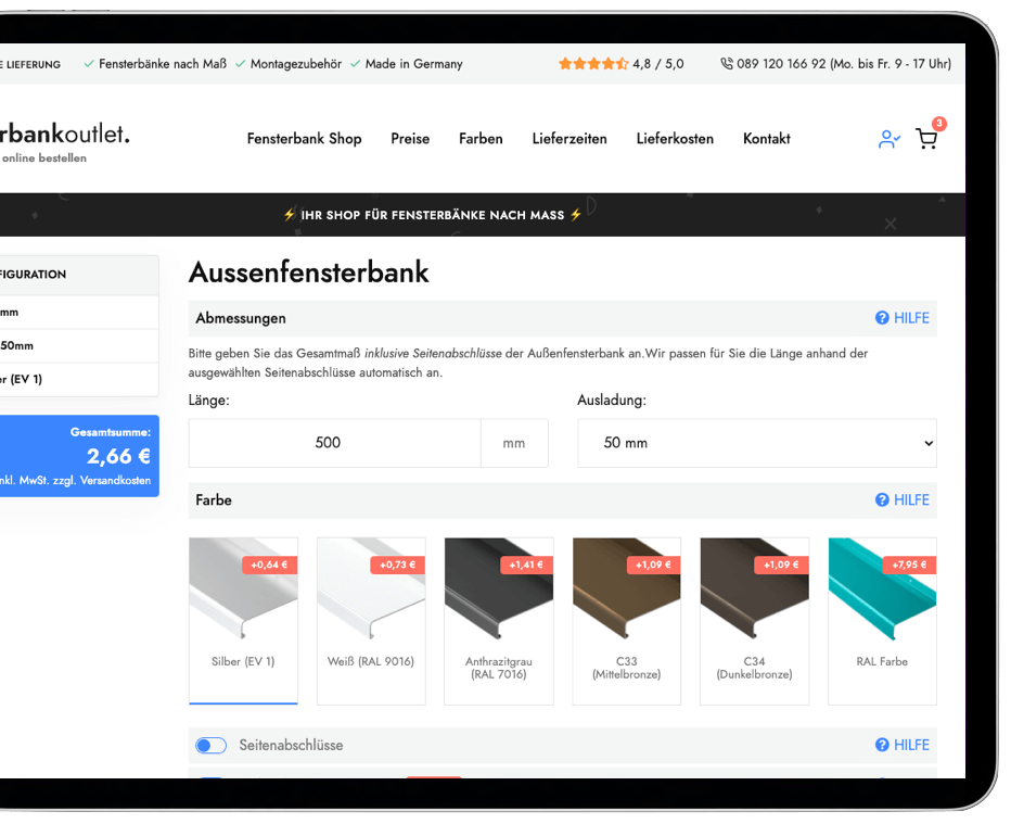 Fensterbank Konfigurator Tablet